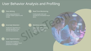 User Behavior Analysis and Profiling
01 Data Mining
Utilize large datasets to
uncover hidden patterns and
trends.
02 Anomaly Detection
Implement algorithms to
identify deviations from
normal user behavior.
03 User Segmentation
Group users based on
behavior for targeted fraud
prevention strategies.
04 Real-Time Monitoring
Continuously track user
activities for immediate fraud
alerts.
05 Machine Learning
Apply supervised learning
models to improve
detection accuracy over
time.
 
