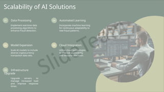 Scalability of AI Solutions
01 Data Processing
Implement real-time data
processing algorithms to
enhance fraud detection.
02 Model Expansion
Scale AI models to include
diverse cryptocurrency
transaction data sets.
03 Infrastructure
Upgrade
Upgrade servers to
manage increased load
and improve response
times.
04 Automated Learning
Incorporate machine learning
for continuous adaptability to
new fraud patterns.
05 Cloud Integration
Utilize cloud technologies
to improve accessibility
and resource allocation.
 