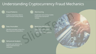 Understanding Cryptocurrency Fraud Mechanics
01 Fraud Patterns
Analyze transaction data to
spot unusual activity trends.
02 Data Anomalies
Identify anomalies using AI to
flag suspicious transactions.
03 Behavioral Analysis
Evaluate user behavior to
detect potential fraud
indicators.
04 Risk Scoring
Implement risk scoring models
to prioritize transaction
reviews.
05 Real-time Monitoring
Utilize AI for continuous
surveillance of
cryptocurrency transactions.
 
