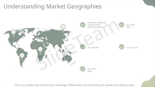 Understanding Market Geographies
This is a sample way to show your message. Please edit and move the pins above according to your
01
Increased regulatory
developments
affecting trading
02 Your Text Here
03 Your Text
Here
04 Your Text
Here
05 Your Text Here
01
02
03
04
05
 
