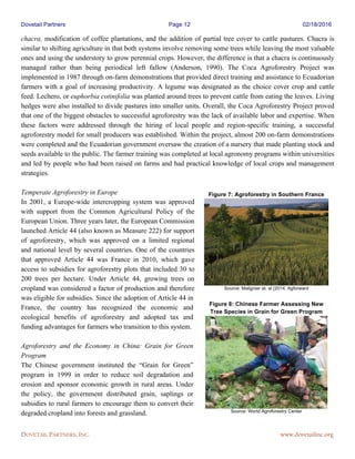 Dovetail Partners Page 12 02/18/2016
DOVETAIL PARTNERS, INC. www.dovetailinc.org
chacra, modification of coffee plantations, and the addition of partial tree cover to cattle pastures. Chacra is
similar to shifting agriculture in that both systems involve removing some trees while leaving the most valuable
ones and using the understory to grow perennial crops. However, the difference is that a chacra is continuously
managed rather than being periodical left fallow (Anderson, 1990). The Coca Agroforestry Project was
implemented in 1987 through on-farm demonstrations that provided direct training and assistance to Ecuadorian
farmers with a goal of increasing productivity. A legume was designated as the choice cover crop and cattle
feed. Lechero, or euphorbia cotinifolia was planted around trees to prevent cattle from eating the leaves. Living
hedges were also installed to divide pastures into smaller units. Overall, the Coca Agroforestry Project proved
that one of the biggest obstacles to successful agroforestry was the lack of available labor and expertise. When
these factors were addressed through the hiring of local people and region-specific training, a successful
agroforestry model for small producers was established. Within the project, almost 200 on-farm demonstrations
were completed and the Ecuadorian government oversaw the creation of a nursery that made planting stock and
seeds available to the public. The farmer training was completed at local agronomy programs within universities
and led by people who had been raised on farms and had practical knowledge of local crops and management
strategies.
Temperate Agroforestry in Europe
In 2001, a Europe-wide intercropping system was approved
with support from the Common Agricultural Policy of the
European Union. Three years later, the European Commission
launched Article 44 (also known as Measure 222) for support
of agroforestry, which was approved on a limited regional
and national level by several countries. One of the countries
that approved Article 44 was France in 2010, which gave
access to subsidies for agroforestry plots that included 30 to
200 trees per hectare. Under Article 44, growing trees on
cropland was considered a factor of production and therefore
was eligible for subsidies. Since the adoption of Article 44 in
France, the country has recognized the economic and
ecological benefits of agroforestry and adopted tax and
funding advantages for farmers who transition to this system.
Agroforestry and the Economy in China: Grain for Green
Program
The Chinese government instituted the “Grain for Green”
program in 1999 in order to reduce soil degradation and
erosion and sponsor economic growth in rural areas. Under
the policy, the government distributed grain, saplings or
subsidies to rural farmers to encourage them to convert their
degraded cropland into forests and grassland.
Figure 8: Chinese Farmer Assessing New
Tree Species in Grain for Green Program
Source: World Agroforestry Center
Figure 7: Agroforestry in Southern France
Source: Malignier et. al (2014, Agforward
 