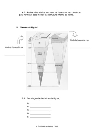 A Estrutura interna da Terra
4.2. Refere dois dados em que se basearam os cientistas
para formular este modelo da estrutura interna da Terra.
5. Observa a figura:
5.1. Faz a legenda das letras da figura.
A: _________________
B: _________________
C: _________________
D: _________________
E: _________________
Modelo baseado na
_______________
Modelo baseado nas
_______________
 