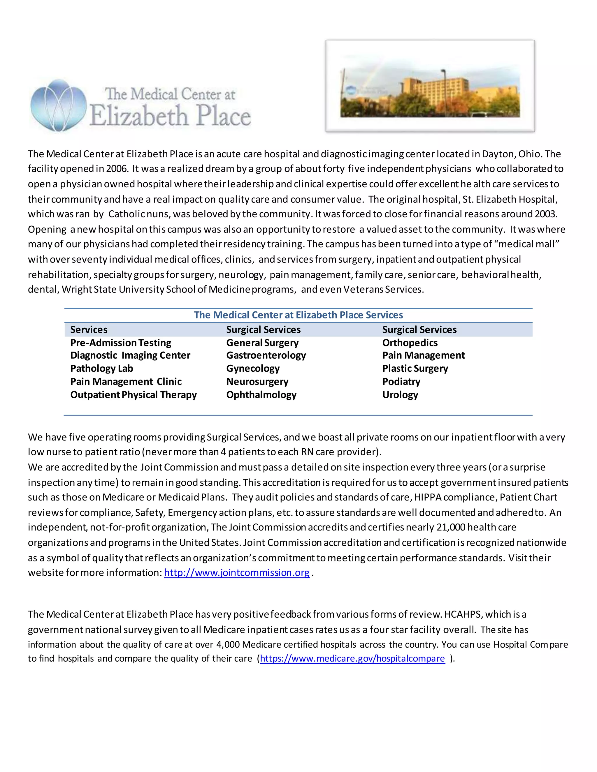 The Medical Center at Elizabeth Place Data Sheet 2016 PDF