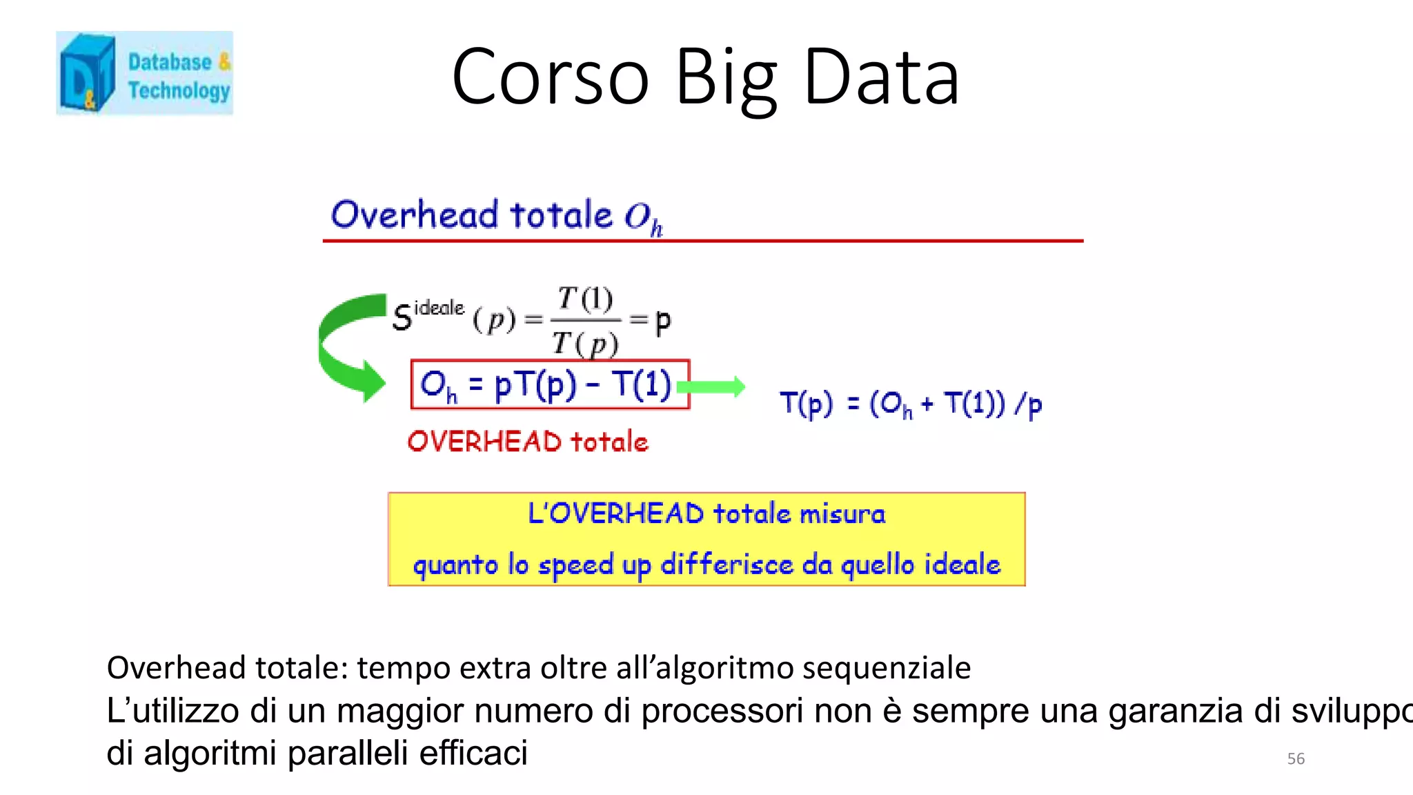 Corso Big Data
Overhead totale: tempo extra oltre all’algoritmo sequenziale
L’utilizzo di un maggior numero di processori non è sempre una garanzia di sviluppo
di algoritmi paralleli efficaci 56
 