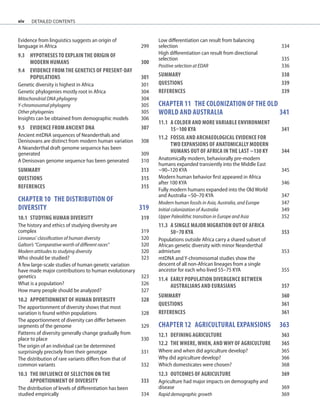 xiv
Evidence from linguistics suggests an origin of
language in Africa 299
9.3	HYPOTHESES TO EXPLAIN THE ORIGIN OF
	MODERN HUMANS	 300
9.4	EVIDENCE FROM THE GENETICS OF PRESENT-DAY
	POPULATIONS	 301
Genetic diversity is highest in Africa 301
Genetic phylogenies mostly root in Africa 304
Mitochondrial DNA phylogeny 304
Y-chromosomal phylogeny 305
Other phylogenies 305
Insights can be obtained from demographic models 306
9.5	EVIDENCE FROM ANCIENT DNA	 307
Ancient mtDNA sequences of Neanderthals and
Denisovans are distinct from modern human variation 308
A Neanderthal draft genome sequence has been
generated 309
A Denisovan genome sequence has been generated 310
SUMMARY 313
QUESTIONS	 315
REFERENCES	 315
chapter 10 the distribution of
diversity		 319
10.1	STUDYING HUMAN DIVERSITY 319
The history and ethics of studying diversity are
complex 319
Linnaeus’ classification of human diversity 320
Galton’s “Comparative worth of different races” 320
Modern attitudes to studying diversity 320
Who should be studied? 323
A few large-scale studies of human genetic variation
have made major contributions to human evolutionary
genetics 323
What is a population? 326
How many people should be analyzed? 327
10.2	APPORTIONMENT OF HUMAN DIVERSITY 328
The apportionment of diversity shows that most
variation is found within populations 328
The apportionment of diversity can differ between
segments of the genome 329
Patterns of diversity generally change gradually from
place to place 330
The origin of an individual can be determined
surprisingly precisely from their genotype 331
The distribution of rare variants differs from that of
common variants 332
10.3	THE INFLUENCE OF SELECTION ON THE
	APPORTIONMENT OF DIVERSITY 333
The distribution of levels of differentiation has been
studied empirically 334
Low differentiation can result from balancing
selection 334
High differentiation can result from directional
selection 335
Positive selection at EDAR 336
SUMMARY 338
QUESTIONS	 339
REFERENCES	 339
chapter 11 THE COLONIZATION OF THE OLD
WORLD AND AUSTRALIA	 341
11.1	A COLDER AND MORE VARIABLE ENVIRONMENT
15–100 KYA	 341
11.2	FOSSIL AND ARCHAEOLOGICAL EVIDENCE FOR
	TWO EXPANSIONS OF ANATOMICALLY MODERN
	HUMANS OUT OF AFRICA IN THE LAST ~130 KY 344
Anatomically modern, behaviorally pre-modern
humans expanded transiently into the Middle East
~90–120 KYA 345
Modern human behavior first appeared in Africa
after 100 KYA 346
Fully modern humans expanded into the Old World
and Australia ~50–70 KYA 347
Modern human fossils in Asia, Australia, and Europe 347
Initial colonization of Australia 349
Upper Paleolithic transition in Europe and Asia 352
11.3	A SINGLE MAJOR MIGRATION OUT OF AFRICA
50–70 KYA	 353
Populations outside Africa carry a shared subset of
African genetic diversity with minor Neanderthal
admixture 353
mtDNA and Y-chromosomal studies show the
descent of all non-African lineages from a single
ancestor for each who lived 55–75 KYA 355
11.4	EARLY POPULATION DIVERGENCE BETWEEN
	AUSTRALIANS AND EURASIANS	 357
SUMMARY 360
QUESTIONS	 361
REFERENCES	 361
chapter 12 AGRICULTURAL EXPANSIONS	 363
12.1	DEFINING AGRICULTURE	 363
12.2	THE WHERE, WHEN, AND WHY OF AGRICULTURE	 365
Where and when did agriculture develop? 365
Why did agriculture develop? 366
Which domesticates were chosen? 368
12.3	OUTCOMES OF AGRICULTURE	 369
Agriculture had major impacts on demography and
disease 369
Rapid demographic growth 369
detailed contents
 