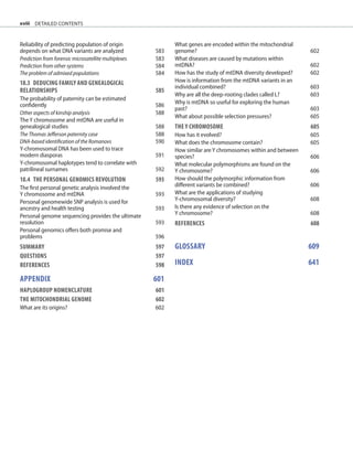 xviii
Reliability of predicting population of origin
depends on what DNA variants are analyzed 583
Prediction from forensic microsatellite multiplexes 583
Prediction from other systems 584
The problem of admixed populations 584
18.3	DEDUCING FAMILY AND GENEALOGICAL
RELATIONSHIPS	 585
The probability of paternity can be estimated
confidently 586
Other aspects of kinship analysis 588
The Y chromosome and mtDNA are useful in
genealogical studies 588
The Thomas Jefferson paternity case 588
DNA-based identification of the Romanovs 590
Y-chromosomal DNA has been used to trace
modern diasporas 591
Y-chromosomal haplotypes tend to correlate with
patrilineal surnames 592
18.4	THE PERSONAL GENOMICS REVOLUTION	 593
The first personal genetic analysis involved the
Y chromosome and mtDNA 593
Personal genomewide SNP analysis is used for
ancestry and health testing 593
Personal genome sequencing provides the ultimate
resolution 593
Personal genomics offers both promise and
problems 596
SUMMARY 597
QUESTIONS	 597
REFERENCES	 598
APPENDIX		 601
HAPLOGROUP NOMENCLATURE	 601
THE MITOCHONDRIAL GENOME	 602
What are its origins? 602
What genes are encoded within the mitochondrial
genome? 602
What diseases are caused by mutations within
mtDNA? 602
How has the study of mtDNA diversity developed? 602
How is information from the mtDNA variants in an
individual combined? 603
Why are all the deep-rooting clades called L? 603
Why is mtDNA so useful for exploring the human
past? 603
What about possible selection pressures? 605
THE Y CHROMOSOME	 605
How has it evolved? 605
What does the chromosome contain? 605
How similar are Y chromosomes within and between
species? 606
What molecular polymorphisms are found on the
Y chromosome? 606
How should the polymorphic information from
different variants be combined? 606
What are the applications of studying
Y-chromosomal diversity? 608
Is there any evidence of selection on the
Y chromosome? 608
REFERENCES	 608
Glossary		 609
INDEX		 641
detailed contents
 