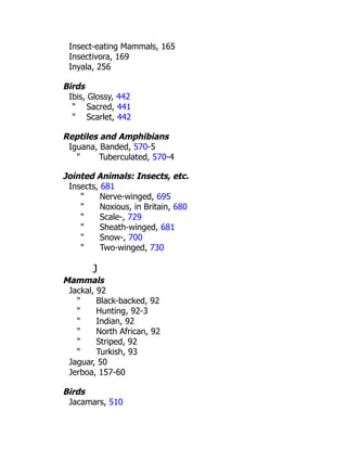 Insect-eating Mammals, 165
Insectivora, 169
Inyala, 256
Birds
Ibis, Glossy, 442
" Sacred, 441
" Scarlet, 442
Reptiles and Amphibians
Iguana, Banded, 570-5
" Tuberculated, 570-4
Jointed Animals: Insects, etc.
Insects, 681
" Nerve-winged, 695
" Noxious, in Britain, 680
" Scale-, 729
" Sheath-winged, 681
" Snow-, 700
" Two-winged, 730
J
Mammals
Jackal, 92
" Black-backed, 92
" Hunting, 92-3
" Indian, 92
" North African, 92
" Striped, 92
" Turkish, 93
Jaguar, 50
Jerboa, 157-60
Birds
Jacamars, 510
 