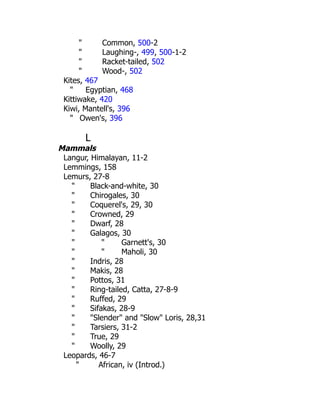 " Common, 500-2
" Laughing-, 499, 500-1-2
" Racket-tailed, 502
" Wood-, 502
Kites, 467
" Egyptian, 468
Kittiwake, 420
Kiwi, Mantell's, 396
" Owen's, 396
L
Mammals
Langur, Himalayan, 11-2
Lemmings, 158
Lemurs, 27-8
" Black-and-white, 30
" Chirogales, 30
" Coquerel's, 29, 30
" Crowned, 29
" Dwarf, 28
" Galagos, 30
" " Garnett's, 30
" " Maholi, 30
" Indris, 28
" Makis, 28
" Pottos, 31
" Ring-tailed, Catta, 27-8-9
" Ruffed, 29
" Sifakas, 28-9
" "Slender" and "Slow" Loris, 28,31
" Tarsiers, 31-2
" True, 29
" Woolly, 29
Leopards, 46-7
" African, iv (Introd.)
 