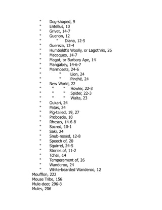 " Dog-shaped, 9
" Entellus, 10
" Grivet, 14-7
" Guenon, 12
" " Diana, 12-5
" Guereza, 12-4
" Humboldt's Woolly, or Lagothrix, 26
" Macaques, 14-7
" Magot, or Barbary Ape, 14
" Mangabey, 14-6-7
" Marmosets, 24-6
" " Lion, 24
" " Pinché, 24
" New World, 22
" " " Howler, 22-3
" " " Spider, 22-3
" " " Waita, 23
" Oukari, 24
" Patas, 24
" Pig-tailed, 19, 27
" Proboscis, 10
" Rhesus, 14-6-8
" Sacred, 10-1
" Saki, 24
" Snub-nosed, 12-8
" Speech of, 20
" Squirrel, 24-5
" Stories of, 11-2
" Tcheli, 14
" Temperament of, 26
" Wanderoo, 24
" White-bearded Wanderoo, 12
Moufflon, 222
Mouse Tribe, 156
Mule-deer, 296-8
Mules, 206
 