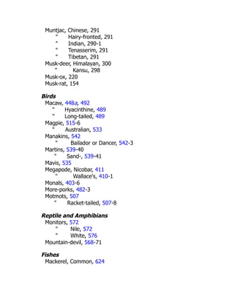 Muntjac, Chinese, 291
" Hairy-fronted, 291
" Indian, 290-1
" Tenasserim, 291
" Tibetan, 291
Musk-deer, Himalayan, 300
" Kansu, 298
Musk-ox, 220
Musk-rat, 154
Birds
Macaw, 448a, 492
" Hyacinthine, 489
" Long-tailed, 489
Magpie, 515-6
" Australian, 533
Manakins, 542
" Bailador or Dancer, 542-3
Martins, 539-40
" Sand-, 539-41
Mavis, 535
Megapode, Nicobar, 411
" Wallace's, 410-1
Monals, 403-6
More-porks, 482-3
Motmots, 507
" Racket-tailed, 507-8
Reptile and Amphibians
Monitors, 572
" Nile, 572
" White, 576
Mountain-devil, 568-71
Fishes
Mackerel, Common, 624
 