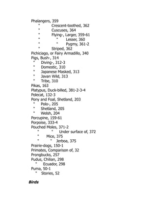 Phalangers, 359
" Crescent-toothed, 362
" Cuscuses, 364
" Flying-, Larger, 359-61
" " Lesser, 360
" " Pygmy, 361-2
" Striped, 362
Pichiciago, or Fairy Armadillo, 340
Pigs, Bush-, 314
" Diving-, 312-3
" Domestic, 310
" Japanese Masked, 313
" Javan Wild, 313
" Tribe, 310
Pikas, 163
Platypus, Duck-billed, 381-2-3-4
Polecat, 132-3
Pony and Foal, Shetland, 203
" Polo-, 205
" Shetland, 205
" Welsh, 204
Porcupine, 159-61
Porpoise, 333-4
Pouched Moles, 371-2
" " Under surface of, 372
" Mice, 375
" " Jerboa, 375
Prairie-dogs, 150-1
Primates, Comparison of, 32
Prongbucks, 257
Pudus, Chilian, 298
" Ecuador, 298
Puma, 50-1
" Stories, 52
Birds
 
