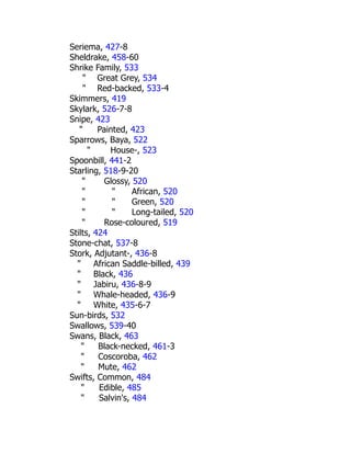 Seriema, 427-8
Sheldrake, 458-60
Shrike Family, 533
" Great Grey, 534
" Red-backed, 533-4
Skimmers, 419
Skylark, 526-7-8
Snipe, 423
" Painted, 423
Sparrows, Baya, 522
" House-, 523
Spoonbill, 441-2
Starling, 518-9-20
" Glossy, 520
" " African, 520
" " Green, 520
" " Long-tailed, 520
" Rose-coloured, 519
Stilts, 424
Stone-chat, 537-8
Stork, Adjutant-, 436-8
" African Saddle-billed, 439
" Black, 436
" Jabiru, 436-8-9
" Whale-headed, 436-9
" White, 435-6-7
Sun-birds, 532
Swallows, 539-40
Swans, Black, 463
" Black-necked, 461-3
" Coscoroba, 462
" Mute, 462
Swifts, Common, 484
" Edible, 485
" Salvin's, 484
 