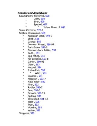 Reptiles and Amphibians
Salamanders, Furrowed, 608
" Giant, 608
" Siren, 608
" Spotted, 607
" " Yellow Phase of, 608
Skink, Common, 578-9
Snakes, Æsculapian, 589
" Australian Black, 594-6
" Blind-, 588
" Carpet-, 589
" Common Ringed, 588-92
" Dark Green, 585-6
" Diamond-back Rattle-, 595
" Earth-, 591
" Egg-eating, 593
" Fer-de-lance, 597-8
" Garter-, 590-93
" Glass-, 563
" Hooded, 594
" Indian Rat-, 593
" " Whip-, 594
" Leopard-, 591
" Mocassin-, 593-7
" Natal Rock-, 590
" Pine-, 592
" Rattle-, 596-7
" Sea-, 593-6
" Smooth, 588-93
" Spitting, 594
" Tesselated, 591-93
" Tiger-, 596
" Tree-, 593
" Viperine, 593
" Water-, 592
Snappers, 556
 