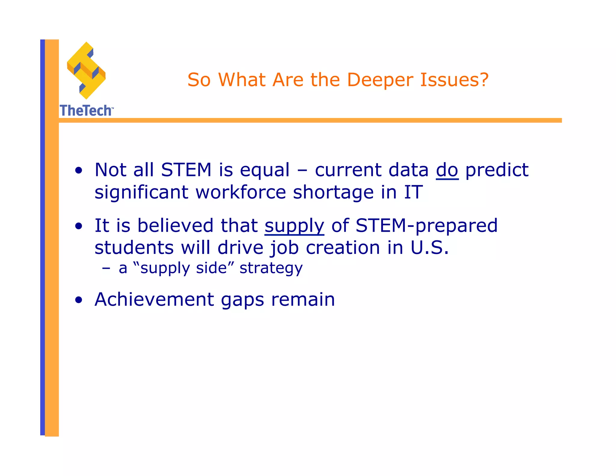 So What Are the Deeper Issues?
•  Not all STEM is equal – current data do predict
significant workforce shortage in IT
•  It is believed that supply of STEM-prepared
students will drive job creation in U.S.
–  a “supply side” strategy
•  Achievement gaps remain
 