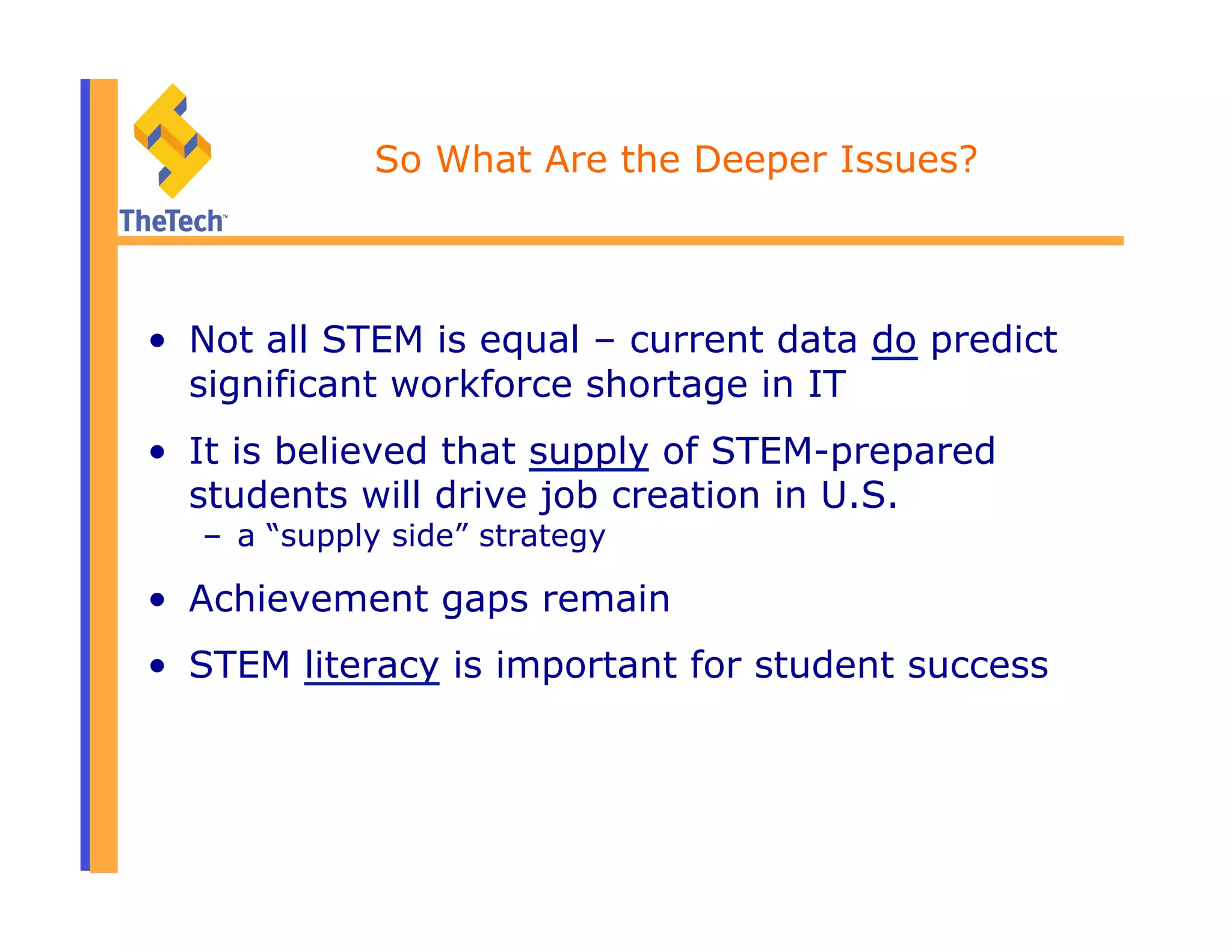 So What Are the Deeper Issues?
•  Not all STEM is equal – current data do predict
significant workforce shortage in IT
•  It is believed that supply of STEM-prepared
students will drive job creation in U.S.
–  a “supply side” strategy
•  Achievement gaps remain
•  STEM literacy is important for student success
 