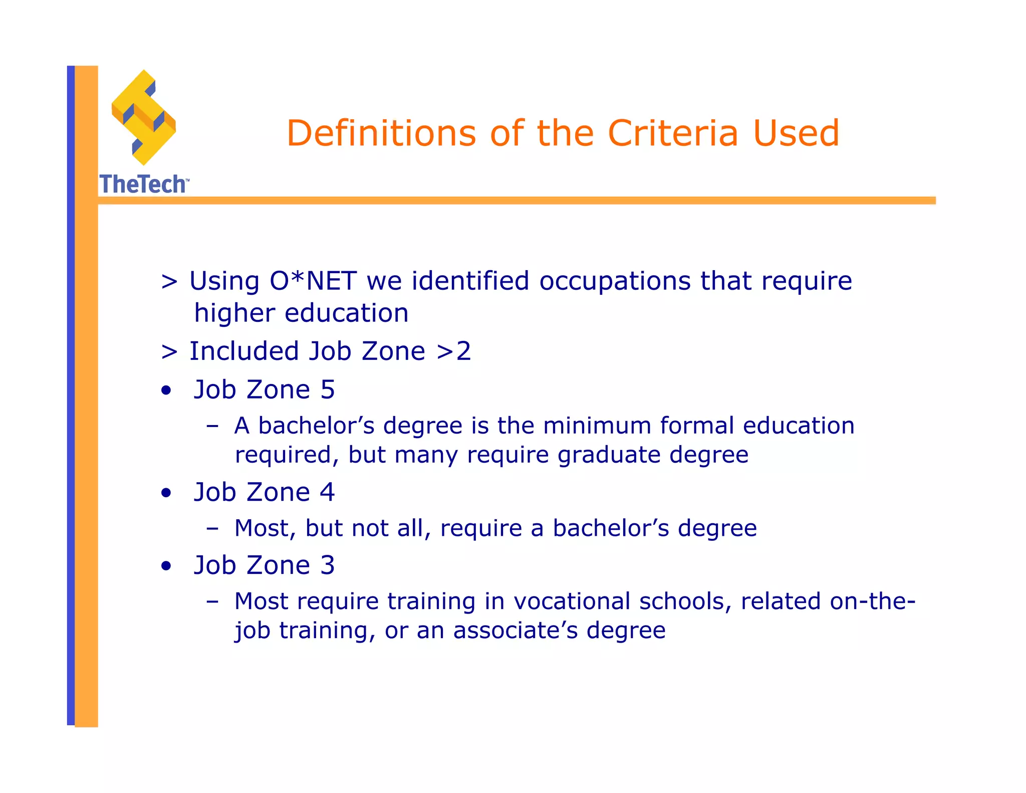 Definitions of the Criteria Used
> Using O*NET we identified occupations that require
higher education
> Included Job Zone >2
•  Job Zone 5
–  A bachelor’s degree is the minimum formal education
required, but many require graduate degree
•  Job Zone 4
–  Most, but not all, require a bachelor’s degree
•  Job Zone 3
–  Most require training in vocational schools, related on-the-
job training, or an associate’s degree
 