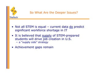 So What Are the Deeper Issues?
•  Not all STEM is equal – current data do predict
significant workforce shortage in IT
•  It is believed that supply of STEM-prepared
students will drive job creation in U.S.
–  a “supply side” strategy
•  Achievement gaps remain
 