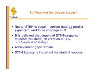 So What Are the Deeper Issues?
•  Not all STEM is equal – current data do predict
significant workforce shortage in IT
•  It is believed that supply of STEM-prepared
students will drive job creation in U.S.
–  a “supply side” strategy
•  Achievement gaps remain
•  STEM literacy is important for student success
 