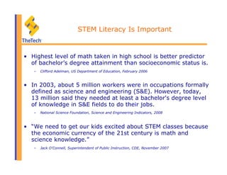 STEM Literacy Is Important
•  Highest level of math taken in high school is better predictor
of bachelor’s degree attainment than socioeconomic status is.
–  Clifford Adelman, US Department of Education, February 2006
•  In 2003, about 5 million workers were in occupations formally
defined as science and engineering (S&E). However, today,
13 million said they needed at least a bachelor's degree level
of knowledge in S&E fields to do their jobs.
–  National Science Foundation, Science and Engineering Indicators, 2008
•  “We need to get our kids excited about STEM classes because
the economic currency of the 21st century is math and
science knowledge.”
–  Jack O’Connell, Superintendent of Public Instruction, CDE, November 2007
 