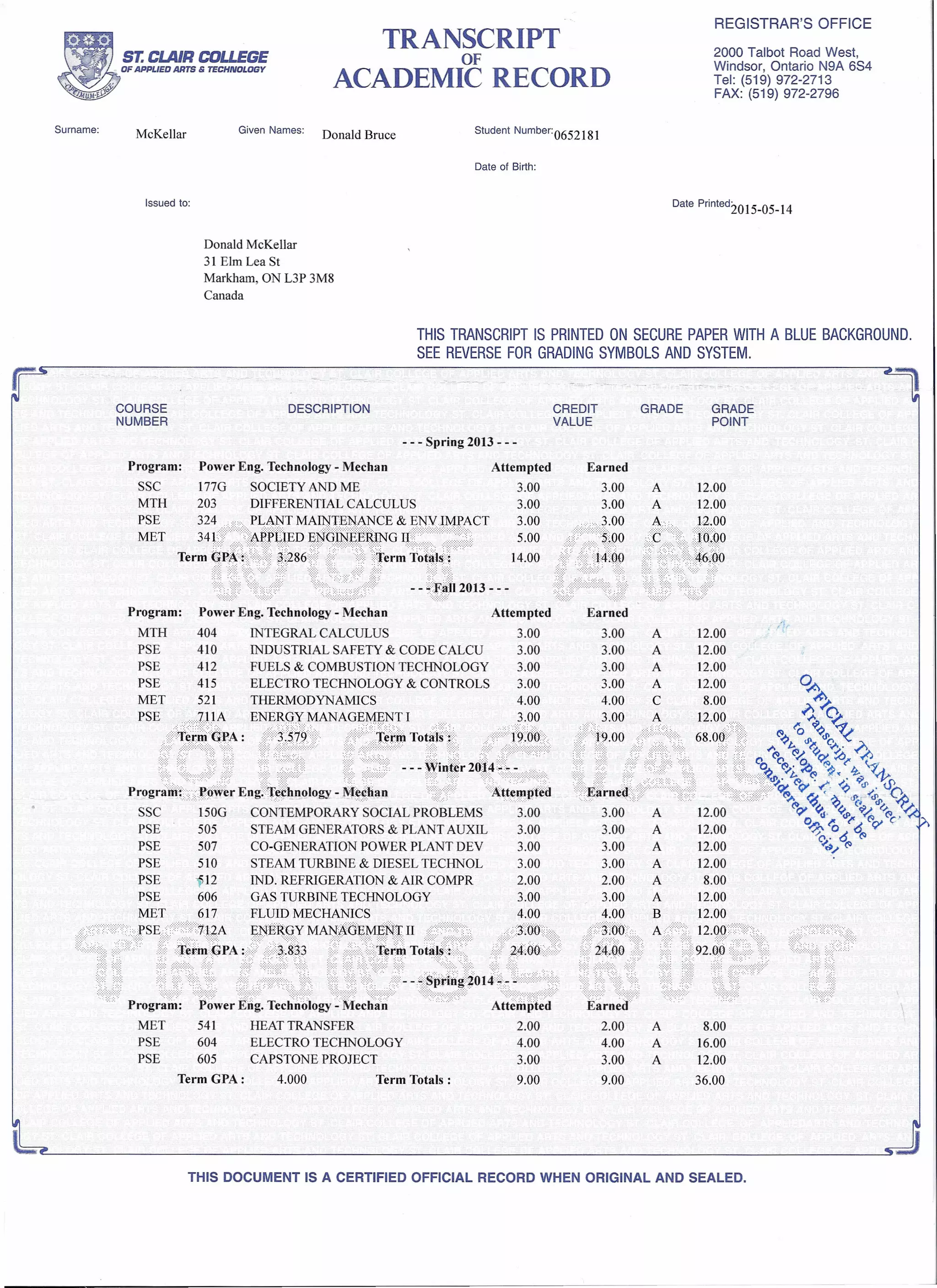 St Clair College Marks Power Engineering | PDF