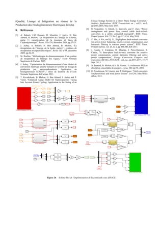 (Qualité, Lissage et Intégration au réseau de la
Production des Houlogénérateurs Electriques directs).
8. Références
[1] A. Babarit, J.M. Rousset, H. Mouslim, J. Aubry, H. Ben
Ahmed, B. Multon, “La récupération de l’énergie de la houle,
partie 1 : caractérisation de la ressource et bases de
l’hydrodynamique”, Revue 3EI n°59, décembre 2009, pp.17-25.
[2] J. Aubry, A. Babarit, H. Ben Ahmed, B. Multon, “La
récupération de l’énergie de la houle, partie 2 : systèmes de
récupération et aspects électriques”, Revue 3EI n°59, décembre
2009, pp.26-32.
[3] M. Ruellan, “Méthodologie de dimensionnement d’un système
de récupération de l'énergie des vagues,” Ecole Normale
Supérieure de Cachan, 2007.
[4] J. Aubry, “Optimisation du dimensionnement d’une chaîne de
conversion électrique directe incluant un système de lissage de
production par supercondensateurs. Application au
houlogénérateur SEAREV.,” thèse de doctorat de l’Ecole
Normale Supérieure de Cachan, 2011.
[5] T. Kovaltchouk, B. Multon, H. Ben Ahmed, J. Aubry and P.
Venet, "Enhanced Aging Model for Supercapacitors Taking
Into Account Power Cycling: Application to the Sizing of an
Energy Storage System in a Direct Wave Energy Converter,"
Industry Applications, IEEE Transactions on , vol.51, no.3,
pp.2405,2414, May-June 2015.
[6] R. Majumber, A. Ghosh, G. Ledwich, and F. Zare, “Power
management and power flow control whith back-to-back
converters in a utility connected microgrid”, IEEE Trans.
Power System. Vol. 25, No 2, pp. 821-834, May 2010.
[7] Z. Shu, S. Xie, and Q. Li, “Sigle-phase back-to-back converter
for active power balancing, reactive power compensation, and
harmonic filtering in traction power system”, IEEE Trans.
Power Electron, vol. 26, no 2, pp 334-343, Feb 2011.
[8] J. Alcala; V. Cardenas, H. Miranda, J. Perez-Ramirez, S.
Charre, "A three-phase back-to-back converter for reactive
power compensation, current harmonic filtering and active
power compensation," Energy Conversion Congress and
Exposition (ECCE), 2013 IEEE , vol., no., pp.2371,2377, 15-19
Sept. 2013.
[9] N. Bernard, B. Multon, & H. B. Ahmed. “Le redresseur MLI en
absorption sinusoïdale de courant ». revue 3EI, pp-56. 2003.
[10] R. Teodorescu, M. Liserre, and P. Rodriguez. “Grid converters
for photovoltaic and wind power system”. (vol 29). John Wiley
&Son, 2011.
Figure 20. Schéma bloc de l’implémentation de la commande sous dSPACE.
 