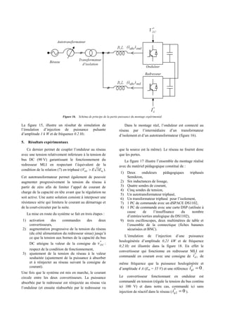 Figure 16. Schéma de principe de la partie puissance du montage expérimental.
La figure 15, illustre un résultat de simulation de
l’émulation d’injection de puissance pulsante
d’amplitude 1 k W et de fréquence 0.2 Hz.
5. Résultats expérimentaux
Dans le montage réel, l’onduleur est connecté au
réseau par l’intermédiaire d’un transformateur
d’isolement et d’un autotransformateur (figure 16).
Ce dernier permet de coupler l’onduleur au réseau
avec une tension relativement inferieure à la tension de
bus DC (90 V) garantissant le fonctionnement du
redresseur MLI en respectant l’équivalent de la
condition de la relation (7) en triphasé ( mDC EEV 3 ).
Cet autotransformateur permet également de pouvoir
augmenter progressivement la tension du réseau à
partir de zéro afin de limiter l’appel de courant de
charge de la capacité en tête avant que la régulation ne
soit active. Une autre solution consiste à interposer une
résistance série qui limitera le courant au démarrage et
de la court-circuiter par la suite.
La mise en route du système se fait en trois étapes :
1) activation des commandes des deux
convertisseurs,
2) augmentation progressive de la tension du réseau
(du côté alimentation du redresseur sinus) jusqu’à
ce que la tension aux bornes de la capacité du bus
DC atteigne la valeur de la consigne de
*
DCv :
respect de la condition de fonctionnement,
3) ajustement de la tension du réseau à la valeur
souhaitée (ajustement de la puissance à absorber
et à réinjecter au réseau suivant la consigne de
courant).
Une fois que le système est mis en marche, le courant
circule entre les deux convertisseurs. La puissance
absorbée par le redresseur est réinjectée au réseau via
l’onduleur (et ensuite réabsorbée par le redresseur vu
que la source est la même). Le réseau ne fournit donc
que les pertes.
La figure 17 illustre l’ensemble du montage réalisé
avec du matériel pédagogique constitué de :
1) Deux onduleurs pédagogiques triphasés
Semikron,
2) Six inductances de lissage,
3) Quatre sondes de courant,
4) Cinq sondes de tension,
5) Un autotransformateur triphasé,
6) Un transformateur triphasé pour l’isolement,
7) 1 PC de commande avec un dSPACE DS1102,
8) 1 PC de commande avec une carte DSP (utilisée à
cause de l’insuffisance du nombre
d’entrées/sorties analogique du DS1102),
9) trois oscilloscopes, deux multimètres de table et
l’ensemble de la connectique (fiches bananes
sécurisées et BNC).
L’émulation de l’injection d’une puissance
houlogénérée d’amplitude 0,21 kW et de fréquence
0,2 Hz est illustrée dans la figure 18. En effet le
convertisseur qui fonctionne en redresseur MLI est
commandé en courant avec une consigne de
*
1di de
même fréquence que la puissance houlogénérée et
d’amplitude 4 A (Em = 35 V) et une référence 0*
1 qi .
Le convertisseur fonctionnant en onduleur est
commandé en tension (régule la tension du bus continu
ici 100 V) et dans notre cas, commandé ici sans
injection de réactif dans le réseau ( 0*
2 qi ).
 