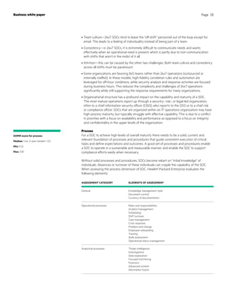ASSESSMENT CATEGORY ELEMENTS OF ASSESSMENT
General Knowledge management tools
Document control
Currency of documentation
Operational processes Roles and responsibilities
Incident management
Scheduling
Shift turnover
Case management
Crisis response
Problem and change
Employee onboarding
Training
Skills assessment
Operational status management
Analytical processes Threat intelligence
Investigations
Data exploration
Focused monitoring
Forensics
Advanced content
Information fusion
•	Team culture—24x7 SOCs tend to leave the “off-shift” personnel out of the loop except for
email. This leads to a feeling of individuality instead of being part of a team.
•	Consistency—in 24x7 SOCs, it is extremely difficult to communicate needs and wants
effectively when an operational need is present, which is partly due to non-communication
with shifts that aren’t in the midst of it all.
•	Attrition—this can be caused by the other two challenges. Both team culture and consistency
across all shifts must be paramount.
•	Some organizations are favoring 8x5 teams rather than 24x7 operations (outsourced or
internally staffed). In these models, high-fidelity correlation rules and automation are
leveraged for off-hour conditions, while security analysis and response activities are focused
during business hours. This reduces the complexity and challenges of 24x7 operations
significantly while still supporting the response requirements for many organizations.
•	Organizational structure has a profound impact on the capability and maturity of a SOC.
The most mature operations report up through a security-, risk-, or legal-led organization,
often to a chief information security officer (CISO), who reports to the CEO or to a chief risk
or compliance officer. SOCs that are organized within an IT operations organization may have
high process maturity, but typically struggle with effective capability. This is due to a conflict
in priorities with a focus on availability and performance as opposed to a focus on integrity
and confidentiality in the upper levels of the organization.
Process
For a SOC to achieve high levels of overall maturity there needs to be a solid, current, and
relevant foundation of processes and procedures that guide consistent execution of critical
tasks and define expectations and outcomes. A good set of processes and procedures enable
a SOC to operate in a sustainable and measurable manner, and enable the SOC to support
compliance efforts easily when necessary.
Without solid processes and procedures, SOCs become reliant on “tribal knowledge” of
individuals. Absences or turnover of these individuals can cripple the capability of the SOC.
When assessing the process dimension of SOC, Hewlett Packard Enterprise evaluates the
following elements:
Business white paper Page 16
SOMM score for process
Median: 1.44; 5-year median: 1.22
Min: 0.12
Max: 3.81
 