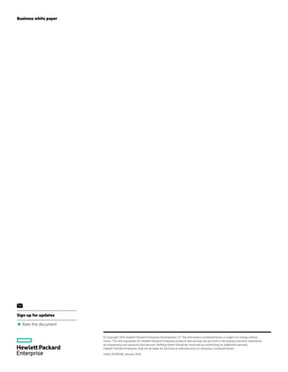Rate this document
Sign up for updates
© Copyright 2016 Hewlett Packard Enterprise Development LP. The information contained herein is subject to change without
notice. The only warranties for Hewlett Packard Enterprise products and services are set forth in the express warranty statements
accompanying such products and services. Nothing herein should be construed as constituting an additional warranty.
Hewlett Packard Enterprise shall not be liable for technical or editorial errors or omissions contained herein.
4AA6-3593ENW, January 2016
Business white paper
 