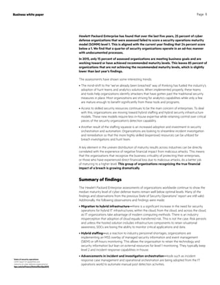 Hewlett Packard Enterprise has found that over the last five years, 25 percent of cyber
defense organizations that were assessed failed to score a security operations maturity
model (SOMM) level 1. This is aligned with the current year finding that 24 percent score
below a 1. We find that a quarter of security organizations operate in an ad-hoc manner
with undocumented processes.
In 2015, only 15 percent of assessed organizations are meeting business goals and are
working toward or have achieved recommended maturity levels. This leaves 85 percent of
organizations that are not achieving the recommended maturity levels, which is slightly
lower than last year’s findings.
The assessments have shown some interesting trends:
•	The mind-shift to the “we’ve already been breached” way of thinking has fueled the industry’s
adoption of hunt teams and analytics solutions. When implemented properly, these teams
and tools help organizations identify attackers that have gotten past the traditional security
measures in place. Most organizations are striving for analytics capabilities while only a few
are mature enough to benefit significantly from these tools and programs.
•	Access to skilled security resources continues to be the main concern of enterprises. To deal
with this, organizations are moving toward hybrid staffing and hybrid security infrastructure
models. These new models require less in-house expertise while retaining control over critical
pieces of the security organization’s detection capability.
•	Another result of the staffing squeeze is an increased adoption and investment in security
orchestration and automation. Organizations are looking to streamline incident investigation
and remediation so that the more highly skilled (expensive) resources can be utilized for
breach investigations and hunt team.
A key element in the uneven distribution of maturity results across industries can be directly
correlated with the experience of negative financial impact from malicious attacks. This means
that the organizations that recognize the business criticality of protecting their enterprises,
or those who have experienced direct financial loss due to malicious attacks, do a better job
of maturing to a higher level. This group of organizations recognizing the true financial
impact of a breach is growing dramatically.
Summary of findings
The Hewlett Packard Enterprise assessments of organizations worldwide continue to show the
median maturity level of cyber defense teams remain well below optimal levels. Many of the
findings and observations from the previous State of Security Operations2
report are still valid.
Additionally, the following observations and findings were made:
•	Migration to hybrid infrastructure—there is a significant increase in the need for security
operations for hybrid IT infrastructures; within the cloud, from the cloud, and across the cloud,
as IT organizations take advantage of modern computing methods. There is an industry
misperception that adoption of cloud equals transferred risk. This is not the case. Risk persists
and unless the hosted solution includes infrastructure components to retain situational
awareness, SOCs are losing the ability to monitor critical applications and data.
•	Hybrid staffing—as a reaction to industry personnel shortages, organizations are
implementing an MSS overlay of managed security information and event management
(SIEM) or off-hours monitoring. This allows the organization to retain the technology and
security information but lean on external resources for level 1 monitoring. They typically keep
level 2 and incident response capabilities in-house.
•	Advancements in incident and investigation orchestration—tools such as incident
response case management and operational orchestration are being adopted from the IT
operations world to automate manual post detection activities.
Business white paper Page 6
2
State of security operations
(2015 report of capabilities and
maturity of cyber defense organizations)
hpe.com/software/StateofSecOps2015
 