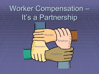 Worker Compensation –
It’s a Partnership
Provider
Employer
Employee
Insurance
 