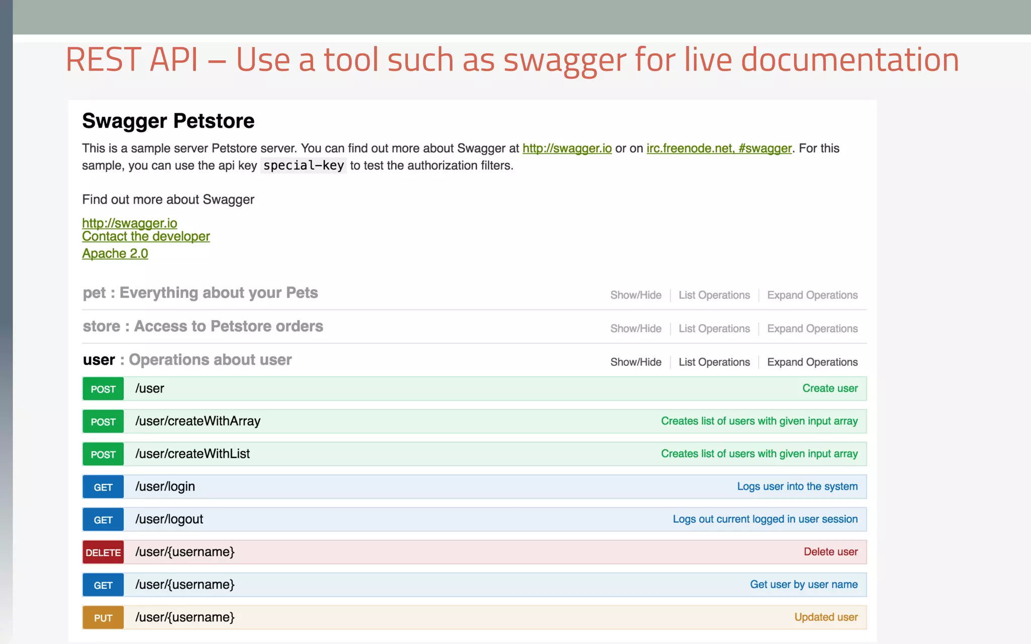 REST API – Use a tool such as swagger for live documentation
 