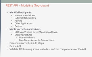 •  Identify Participants
•  Internal stakeholders
•  External stakeholders
•  Admins
•  Other Applications
•  Devices
•  Identity activities and drivers
•  UI Driven/Process Driven/Application Driven
•  Grouping features
•  User enrollment
•  Core Data – Accounts, Transactions
•  Breakdown activities in to steps
•  Define API
•  Validate API by using scenarios to test and the completeness of the API
REST API - Modeling (Top-down)
 
