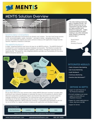 MENTIS Solution Overview
www.mentisoftware.com sales@mentisoftware.com 800.267.0858
INTEGRATED MODULES
• Static & Dynamic Data Masking
• User Access Monitoring
• Audit Workbench
• Continuous Monitoring
• Sensitive Data RetirementTM
DEFENSE IN DEPTH
• Support for both Production &
Non-Production Databases
• Pre-built intelligence and version
support for Oracle EBS and
PeopleSoft Enterprise
• Support for custom applications on
Oracle, SQL Server and DB2
• Support for Servers
Sensitive Data is Everywhere
Databases and application environments are dynamic and complex. The data itself brings business
to life, becoming tangible, usable, shareable -- and open to abuse. Managing sensitive data
privacy and compliance requires pro-active controls to keep up with application changes and the
dynamic regulatory compliance landscape.
The MENTIS Platform™
A single, integrated platform that forms the base for all MENTIS products. The MENTIS Platform™
is licensed for a set of production instance/database environments. The Platform includes the
metadata repository, template building capability, audit history, intelligence reporting and role
based security. This powerful, fully integrated platform provides core functionality for the entire
MENTIS enterprise solution set.
MENTIS iDiscover™
Do you know where all of your sensitive data resides? MENTIS iDiscover-Locations™ provides deep
scanning of your enterprise databases to automate the search for all locations of sensitive data.
iDiscover’s proprietary classiﬁcation engine uses Sensitive Data Discovery™ to build a business
language taxonomy so all stakeholders can communicate and work toward the same goals,
providing out-of-the-box metadata and security rules to enable rapid compliance with
ever-changing regulations. MENTIS iDiscover-Locations™ is automated and repeatable so you can
run on an ad hoc or a regular schedule to keep up with application and database changes.
Sensitive Data Lifecycle ManagementTM
“Our data masking project has
been a complete success. The
MENTIS software has met our
requirements and their people
are highly qualiﬁed and a
pleasure to work with. I highly
recommend MENTIS for data
masking or any other enterprise
needs related to protecting
sensitive data.”
Rajesh Kolluri
Director
Primatics Financial
 