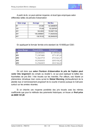Pricing de produits Dérivés climatiques
Gabriel GARCIA - PRIETO 106 / 118 Mémoire du DEA Finance de Marché
A partir de là, on peut estimer moyenne et écart type empiriques selon
différentes tailles de période d’observation
Data range Average Std Dev
5Y 210,66 52,32608575
10Y 174,88 55,3297047
20Y 162,2625 76,93671164
30Y 149,3466667 71,04253332
40Y 138,76125 69,26492479
En appliquant la formule fermée et le standard de 10 000$ par CDD :
Data Range Price(CDD) Final price
5Y 110,9854351 $1 109 854,35
10Y 77,12876881 $771 287,69
20Y 71,36633733 $713 663,37
30Y 59,59585035 $595 958,50
40Y 51,23660433 $512 366,04
On voit donc que selon l’horizon d’observation le prix de l’option peut
varier très largement (du simple au double !), ce qui peut expliquer la tailles des
fourchettes de prix Bid / Ask trouvés sur les marchés. Par ailleurs, ceci illustre un
phénomène climatique bien connu qu’est le Global Warming (réchauufement de la
planète due à l’amincissement progressif de la couche d’ozone) puisque le Call paie
surtout sur les années récentes.
Si on cherche une moyenne pondérée des prix trouvés avec les mêmes
coefficients que pour la méthode des paiements historiques, on trouve un final price
de $809 141,28
 