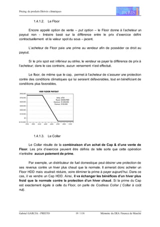 Pricing de produits Dérivés climatiques
Gabriel GARCIA - PRIETO 19 / 118 Mémoire du DEA Finance de Marché
1.4.1.2. Le Floor
Encore appelé option de vente – put option – le Floor donne à l’acheteur un
payout non - linéaire basé sur la différence entre le prix d’exercice défini
contractuellement et la valeur spot du sous – jacent.
L’acheteur de Floor paie une prime au vendeur afin de posséder ce droit au
payout.
Si le prix spot est inférieur au strike, le vendeur va payer la différence de prix à
l’acheteur; dans le cas contraire, aucun versement n’est effectué.
Le floor, de même que le cap, permet à l’acheteur de s’assurer une protection
contre des conditions climatiques qui lui seraient défavorables, tout en bénéficiant de
conditions plus favorables.
1.4.1.3. Le Collar
Le Collar résulte de la combinaison d’un achat de Cap & d’une vente de
Floor. Les prix d’exercice peuvent être définis de telle sorte que cette opération
n’entraîne aucun paiement de prime.
Par exemple, un distributeur de fuel domestique peut désirer une protection de
ses revenus contre un hiver plus chaud que la normale. Il aimerait donc acheter un
Floor HDD mais voudrait réduire, voire éliminer la prime à payer aujourd’hui. Dans ce
cas, il va vendre un Cap HDD. Ainsi, il va échanger les bénéfices d’un hiver plus
froid que la normale contre la protection d’un hiver chaud. Si la prime du Cap
est exactement égale à celle du Floor, on parle de Costless Collar ( Collar à coût
nul).
 