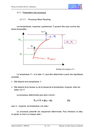 Pricing de produits Dérivés climatiques
Gabriel GARCIA - PRIETO 39 / 118 Mémoire du DEA Finance de Marché
2.1.1. Présentation des processus
2.1.1.1. Processus Mean Reverting
Les températures moyennes quotidiennes Ti peuvent être vues comme des
séries temporelles :
Building first property of Ti
La température Ti+1 à la date i+1 peut être déterminée à partir des hypothèses
suivantes :
 Elle dépend de la température Ti
 Elle dépend de la hausse ou de la baisse de la température moyenne entre les
dates i et i+1
Le processus déterministe peut alors s’écrire :
Ti+1 = Ti + (i+1 - i) (1)
avec i : moyenne de température à la date i
Le processus présenté est uniquement déterministe. Pour introduire un aléa,
on ajoute un bruit i à chaque date i.
 