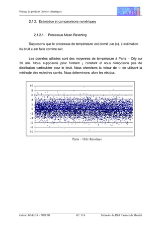 Pricing de produits Dérivés climatiques
Gabriel GARCIA - PRIETO 42 / 118 Mémoire du DEA Finance de Marché
2.1.2. Estimation et comparaisons numériques
2.1.2.1. Processus Mean Reverting
Supposons que le processus de température est donné par (4). L’estimation
du bruit i est faite comme suit
Les données utilisées sont des moyennes de température à Paris – Orly sur
30 ans. Nous supposons pour l’instant  constant et nous n’imposons pas de
distribution particulière pour le bruit. Nous cherchons la valeur de  en utilisant la
méthode des moindres carrés. Nous déterminons alors les résidus.
 