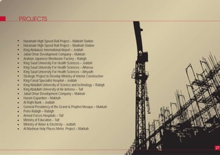 PROJECTS
27
Haramain High Speed Rail Project – Makkah Station
Haramain High Speed Rail Project – Madinah Station
King Abdulaziz International Airport – Jeddah
Jabal Omar Development Company – Makkah
Arabian Japanese Membrane Factory – Rabigh
King Saud University For Health Sciences – Jeddah
King Saud University For Health Sciences – Alhassa
King Saud University For Health Sciences – Alriyadh
Strategic Project to Develop Ministry of Interior Construction
King Faisal Specialist Hospital – Jeddah
King Abdullah University of Science and technology – Rabigh
King Abdullah University of Air defense – Taif
Jabal Omar Development Company – Makkah
Haram Expantion – Makkah
Al Rajhi Bank – Jeddah
General Presidency of the Grand & Prophet Mosque – Makkah
Petro Rabigh – Rabigh
Armed Forces Hospitals – Taif
Ministry of Education – Taif
Ministry of Water & Electricity – Jeddah
Al Mashear Holy Places Metro Project – Makkah
 