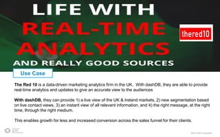 ©2015 IBM Corporation
Use Case
The Red 10 is a data-driven marketing analytics firm in the UK. With dashDB, they are able to provide
real-time analytics and updates to give an accurate view to the audiences
With dashDB, they can provide 1) a live view of the UK & Ireland markets, 2) new segmentation based
on live contact views, 3) an instant view of all relevant information, and 4) the right message, at the right
time, through the right medium.
This enables growth for less and increased conversion across the sales funnel for their clients.
 