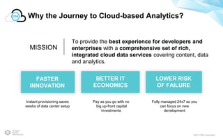 ©2015 IBM Corporation
Why the Journey to Cloud-based Analytics?
MISSION
To provide the best experience for developers and
enterprises with a comprehensive set of rich,
integrated cloud data services covering content, data
and analytics.
Fully managed 24x7 so you
can focus on new
development
Pay as you go with no
big up-front capital
investments
Instant provisioning saves
weeks of data center setup
FASTER
INNOVATION
BETTER IT
ECONOMICS
LOWER RISK
OF FAILURE
 