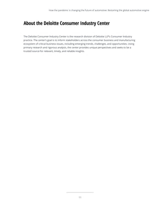 11
The Deloitte Consumer Industry Center is the research division of Deloitte LLP’s Consumer Industry
practice. The center’s goal is to inform stakeholders across the consumer business and manufacturing
ecosystem of critical business issues, including emerging trends, challenges, and opportunities. Using
primary research and rigorous analysis, the center provides unique perspectives and seeks to be a
trusted source for relevant, timely, and reliable insights.
About the Deloitte Consumer Industry Center
How the pandemic is changing the future of automotive: Restarting the global automotive engine
 
