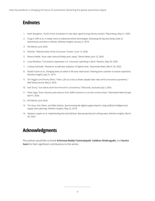 8
1.	 Keith Naughton, “Ford’s three shutdowns in two days signal bumpy factory restart,” Bloomberg, May 21, 2020.
2.	 Craig A. Giffi et al., A reality check on advanced vehicle technologies: Evaluating the big bets being made on
autonomous and electric vehicles, Deloitte Insights, January 5, 2018.
3.	 IHS Markit, June 2020.
4.	 Deloitte, “Deloitte State of the Consumer Tracker,” June 13, 2020.
5.	 Breana Noble, “Auto sales rebound likely years away,” Detroit News, June 12, 2020.
6.	 Lucia Mutikani, “Coronavirus depresses U.S. consumer spending in April,” Reuters, May 29, 2020.
7.	 Lindsay Vanhulle, “Pandemic accelerates adoption of digital tools,” Automotive News, March 30, 2020.
8.	 Bradd Craver et al., Changing lanes on talent in the auto retail sector: Evolving from customer to human experience,
Deloitte Insights, July 31, 2019.
9.	 Tim Higgins and Parmy Olson, “Uber, Lyft cut costs as fewer people take rides amid coronavirus pandemic,”
Wall Street Journal, May 6, 2020.
10.	 Ivan Drury, “Car values won’t be immune to coronavirus,” Edmunds, accessed July 2, 2020.
11.	 Peter Sigal, “Auto industry uses lessons from 2008 recession to survive corona chaos,” Automotive News Europe,
April 5, 2020.
12.	 IHS Markit, June 2020.
13.	 Tim Gaus, Ken Olsen, and Mike Deloso, Synchronizing the digital supply network: Using artificial intelligence for
supply chain planning, Deloitte Insights, May 22, 2018.
14.	 Stephen Laaper et al., Implementing the smart factory: New perspectives for driving value, Deloitte Insights, March
30, 2020.
Endnotes
The authors would like to thank Srinivasa Reddy Tummalapalli, Vaibhav Khobragade, and Kavita
Saini for their significant contributions to this article.
Acknowledgments
How the pandemic is changing the future of automotive: Restarting the global automotive engine
 