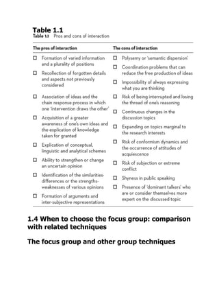 Table 1.1
1.4 When to choose the focus group: comparison
with related techniques
The focus group and other group techniques
 