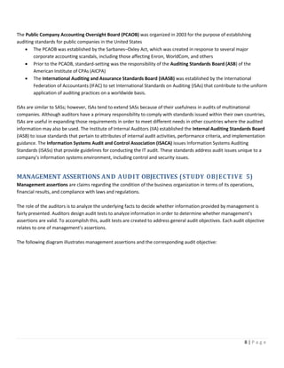 8 | P a g e
The Public Company Accounting Oversight Board (PCAOB) was organized in 2003 for the purpose of establishing
auditing standards for public companies in the United States
• The PCAOB was established by the Sarbanes–Oxley Act, which was created in response to several major
corporate accounting scandals, including those affecting Enron, WorldCom, and others
• Prior to the PCAOB, standard-setting was the responsibility of the Auditing Standards Board (ASB) of the
American Institute of CPAs (AICPA)
• The International Auditing and Assurance Standards Board (IAASB) was established by the International
Federation of Accountants (IFAC) to set International Standards on Auditing (ISAs) that contribute to the uniform
application of auditing practices on a worldwide basis.
ISAs are similar to SASs; however, ISAs tend to extend SASs because of their usefulness in audits of multinational
companies. Although auditors have a primary responsibility to comply with standards issued within their own countries,
ISAs are useful in expanding those requirements in order to meet different needs in other countries where the audited
information may also be used. The Institute of Internal Auditors (IIA) established the Internal Auditing Standards Board
(IASB) to issue standards that pertain to attributes of internal audit activities, performance criteria, and implementation
guidance. The Information Systems Audit and Control Association (ISACA) issues Information Systems Auditing
Standards (ISASs) that provide guidelines for conducting the IT audit. These standards address audit issues unique to a
company’s information systems environment, including control and security issues.
MANAGEMENT ASSERTIONS AND AUDIT OBJECTIVES (STUDY OBJECTIVE 5)
Management assertions are claims regarding the condition of the business organization in terms of its operations,
financial results, and compliance with laws and regulations.
The role of the auditors is to analyze the underlying facts to decide whether information provided by management is
fairly presented. Auditors design audit tests to analyze information in order to determine whether management’s
assertions are valid. To accomplish this, audit tests are created to address general audit objectives. Each audit objective
relates to one of management’s assertions.
The following diagram illustrates management assertions and the corresponding audit objective:
 