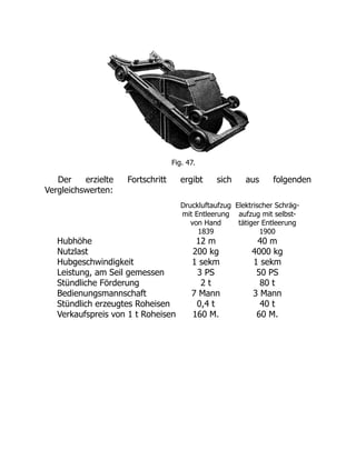 Fig. 47.
Der erzielte Fortschritt ergibt sich aus folgenden
Vergleichswerten:
Druckluftaufzug
mit Entleerung
von Hand
1839
Elektrischer Schräg-
aufzug mit selbst-
tätiger Entleerung
1900
Hubhöhe 12 m 40 m
Nutzlast 200 kg 4000 kg
Hubgeschwindigkeit 1 sekm 1 sekm
Leistung, am Seil gemessen 3 PS 50 PS
Stündliche Förderung 2 t 80 t
Bedienungsmannschaft 7 Mann 3 Mann
Stündlich erzeugtes Roheisen 0,4 t 40 t
Verkaufspreis von 1 t Roheisen 160 M. 60 M.
 