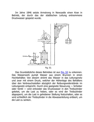 Im Jahre 1846 setzte Armstrong in Newcastle einen Kran in
Betrieb, der durch das der städtischen Leitung entnommene
Druckwasser gespeist wurde.
Fig. 52.
Das Grundsätzliche dieses Betriebes ist aus Fig. 53 zu erkennen.
Das Wasserwerk pumpt Wasser aus einem Brunnen in einen
Hochbehälter. Von diesem strömt das Wasser in das Leitungsnetz
und zwar mit einem Druck, welcher der Höhenlage des Behälters
über den Verbrauchsstellen abzüglich der Reibungswiderstände im
Leitungsnetz entspricht. Durch eine geeignete Steuerung — Schieber
oder Ventil — wird entweder das Druckwasser in den Treibzylinder
geleitet, um die Last zu heben, oder es wird der Treibzylinder
abgesperrt, um die Last in gehobener Stellung festzuhalten, oder es
wird schließlich der Treibzylinder in die Abwasserleitung entleert, um
die Last zu senken.
 