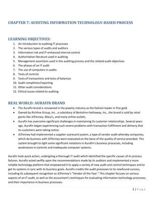 3 | P a g e
CHAPTER 7: AUDITING INFORMATION TECHNOLOGY-BASED PROCESS
LEARNING OBJECTIVES:
1. An introduction to auditing IT processes
2. The various types of audits and auditors
3. Information risk and IT-enhanced internal control
4. Authoritative literature used in auditing
5. Management assertions used in the auditing process and the related audit objectives
6. The phases of an IT audit
7. The use of computers in audits
8. Tests of controls
9. Tests of transactions and tests of balances
10. Audit completion/reporting
11. Other audit considerations
12. Ethical issues related to auditing
REAL WORLD: AURAFIN BRAND
• The Aurafin brand is renowned in the jewelry industry as the fashion leader in fine gold.
• Owned by Richline Group, Inc., a subsidiary of Berkshire Hathaway, Inc., the brand is sold by retail
giants like JCPenney, Macy’s, and many online outlets.
• Aurafin has overcome significant challenges in maintaining its customer relationships. Several years
ago, Aurafin began experiencing such severe problems with transaction fulfillment and delivery that
its customers were taking notice.
• JCPenney had implemented a supplier scorecard system, a type of vendor audit whereby companies,
which do business with JCPenney were evaluated on the basis of the quality of service provided. This
system brought to light some significant violations in Aurafin’s business processes, including
weaknesses in controls and inadequate computer systems.
Aurafin took quick action, undergoing a thorough IT audit which identified the specific causes of its process
failures. Aurafin acted swiftly upon the recommendations made by its auditors and implemented a more
reliable technology platform that empowered it to apply a variety of new audit and control techniques and to
get its systems in sync with its business goals. Aurafin credits the audit processes to its newfound success,
including its subsequent recognition as JCPenney’s “Vendor of the Year.” This chapter focuses on various
aspects of an IT audit, as well as the accountant’s techniques for evaluating information-technology processes,
and their importance in business processes.
 