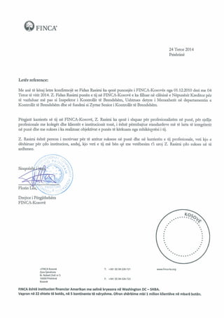 Finca Kosovo - The recommendation Letter  from CEO