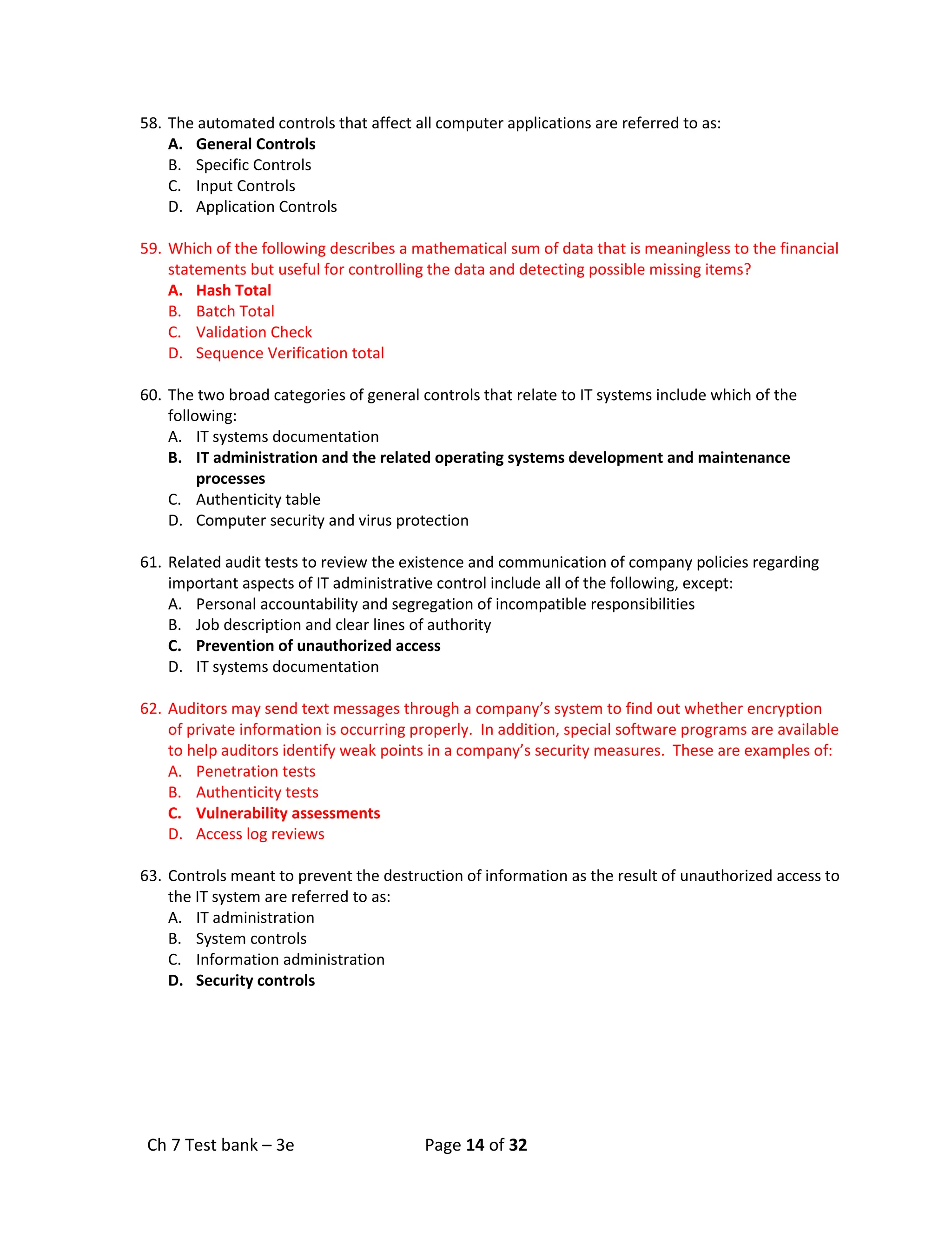 Ch 7 Test bank – 3e Page 14 of 32
58. The automated controls that affect all computer applications are referred to as:
A. General Controls
B. Specific Controls
C. Input Controls
D. Application Controls
59. Which of the following describes a mathematical sum of data that is meaningless to the financial
statements but useful for controlling the data and detecting possible missing items?
A. Hash Total
B. Batch Total
C. Validation Check
D. Sequence Verification total
60. The two broad categories of general controls that relate to IT systems include which of the
following:
A. IT systems documentation
B. IT administration and the related operating systems development and maintenance
processes
C. Authenticity table
D. Computer security and virus protection
61. Related audit tests to review the existence and communication of company policies regarding
important aspects of IT administrative control include all of the following, except:
A. Personal accountability and segregation of incompatible responsibilities
B. Job description and clear lines of authority
C. Prevention of unauthorized access
D. IT systems documentation
62. Auditors may send text messages through a company’s system to find out whether encryption
of private information is occurring properly. In addition, special software programs are available
to help auditors identify weak points in a company’s security measures. These are examples of:
A. Penetration tests
B. Authenticity tests
C. Vulnerability assessments
D. Access log reviews
63. Controls meant to prevent the destruction of information as the result of unauthorized access to
the IT system are referred to as:
A. IT administration
B. System controls
C. Information administration
D. Security controls
 