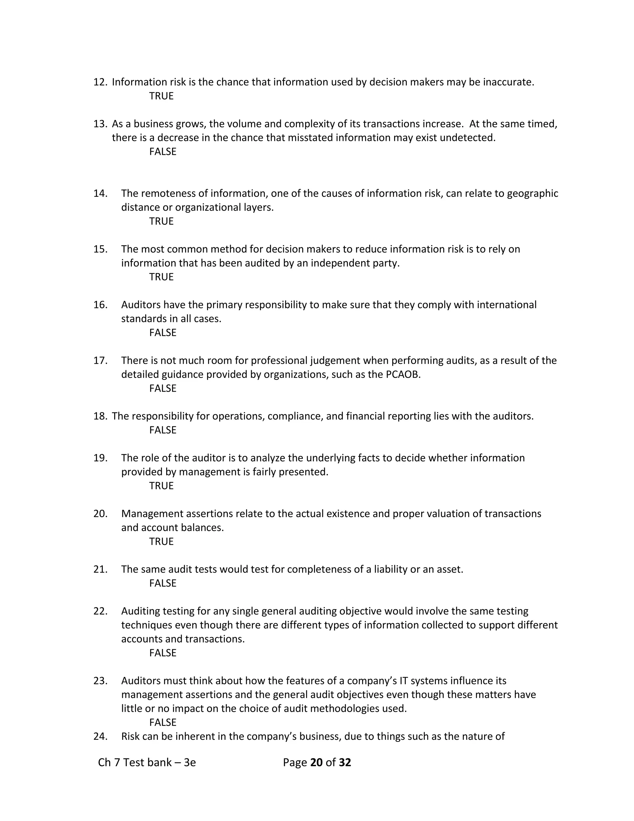 Ch 7 Test bank – 3e Page 20 of 32
12. Information risk is the chance that information used by decision makers may be inaccurate.
TRUE
13. As a business grows, the volume and complexity of its transactions increase. At the same timed,
there is a decrease in the chance that misstated information may exist undetected.
FALSE
14. The remoteness of information, one of the causes of information risk, can relate to geographic
distance or organizational layers.
TRUE
15. The most common method for decision makers to reduce information risk is to rely on
information that has been audited by an independent party.
TRUE
16. Auditors have the primary responsibility to make sure that they comply with international
standards in all cases.
FALSE
17. There is not much room for professional judgement when performing audits, as a result of the
detailed guidance provided by organizations, such as the PCAOB.
FALSE
18. The responsibility for operations, compliance, and financial reporting lies with the auditors.
FALSE
19. The role of the auditor is to analyze the underlying facts to decide whether information
provided by management is fairly presented.
TRUE
20. Management assertions relate to the actual existence and proper valuation of transactions
and account balances.
TRUE
21. The same audit tests would test for completeness of a liability or an asset.
FALSE
22. Auditing testing for any single general auditing objective would involve the same testing
techniques even though there are different types of information collected to support different
accounts and transactions.
FALSE
23. Auditors must think about how the features of a company’s IT systems influence its
management assertions and the general audit objectives even though these matters have
little or no impact on the choice of audit methodologies used.
FALSE
24. Risk can be inherent in the company’s business, due to things such as the nature of
 